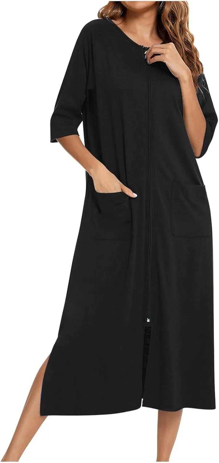 Womens Robes Lightweight 3/4 Sleeve Bathrobe Zipper Front Housecoat Full Length Nightgowns Comfy Nightwear Dress