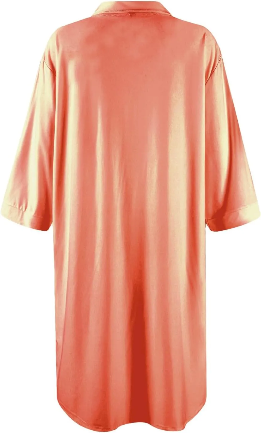 Women's Satin Silk Button Down Nightgown Loose Sleepwear Printed Nightshirt 3/4 Sleeve Dress Boyfriend Sleepshirt