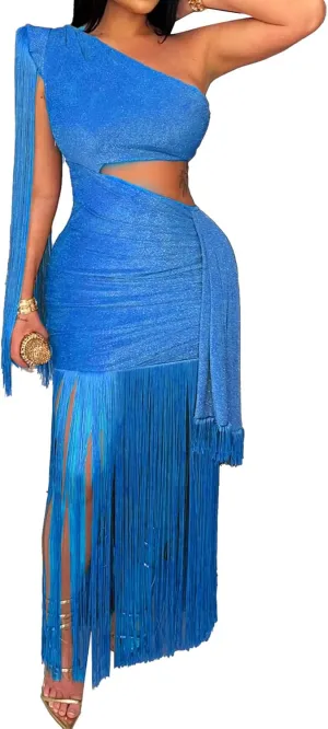 Womens Sexy Club Night Sleeveless One Shoulder Cut Out Waist Dress Long Tassel Bodycon Maxi Skirt