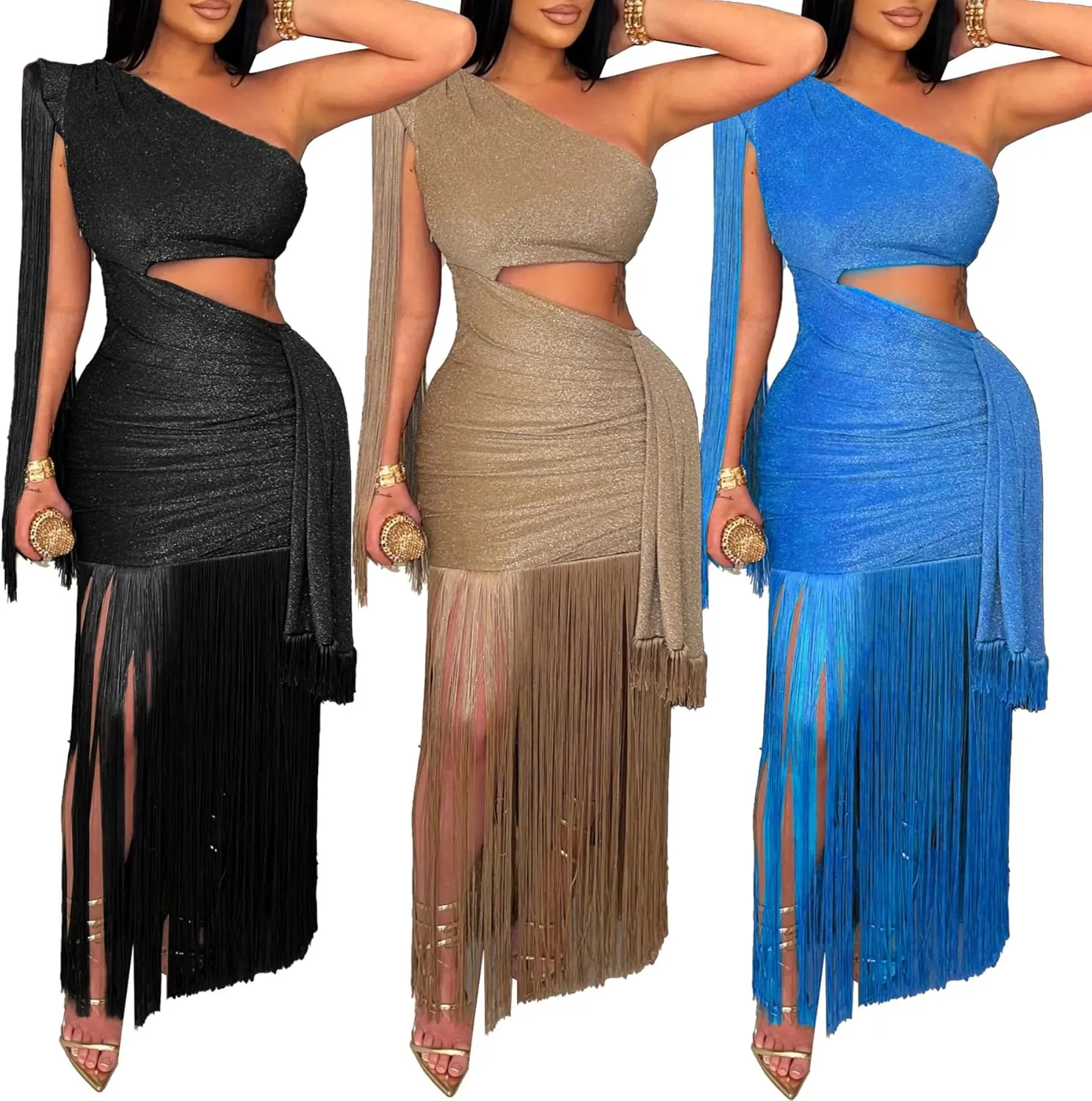 Womens Sexy Club Night Sleeveless One Shoulder Cut Out Waist Dress Long Tassel Bodycon Maxi Skirt