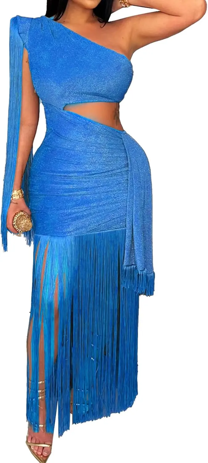Womens Sexy Club Night Sleeveless One Shoulder Cut Out Waist Dress Long Tassel Bodycon Maxi Skirt