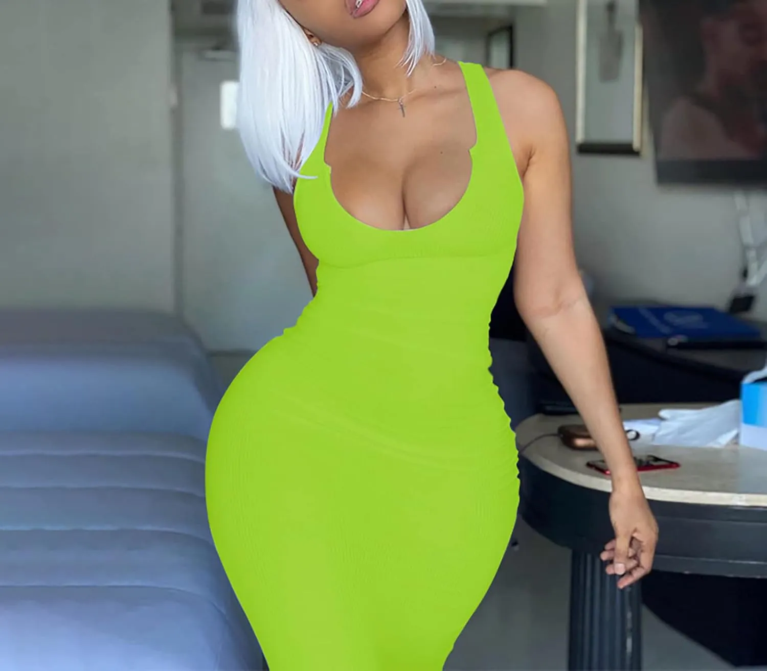 Womens Sexy Sleeveless Causal Scoop Neck Ottoman Ribbed Dress Basic Racerback Bodycon Long Maxi Tank Dress