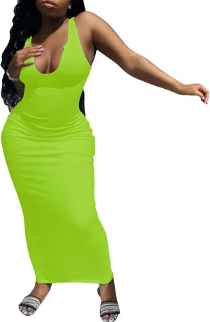 Womens Sexy Sleeveless Causal Scoop Neck Ottoman Ribbed Dress Basic Racerback Bodycon Long Maxi Tank Dress