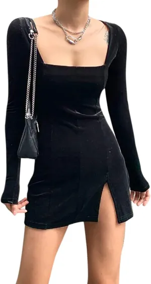 Womens Sexy Velvet Bodycon Dress Gothic Square Neck Long Sleeve Mini Party Dress Rave Festival Clubwear