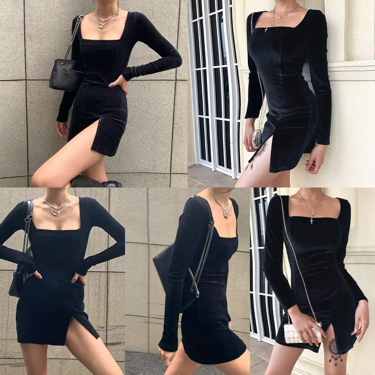 Womens Sexy Velvet Bodycon Dress Gothic Square Neck Long Sleeve Mini Party Dress Rave Festival Clubwear