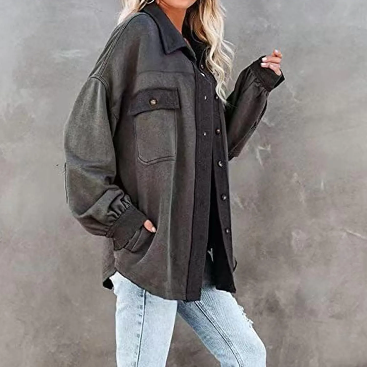 Women's Shacket Jacket Oversized Long Sleeve Trench Drop Shoulder Jacket Outerwear Casual Lightweight Trendy Coat