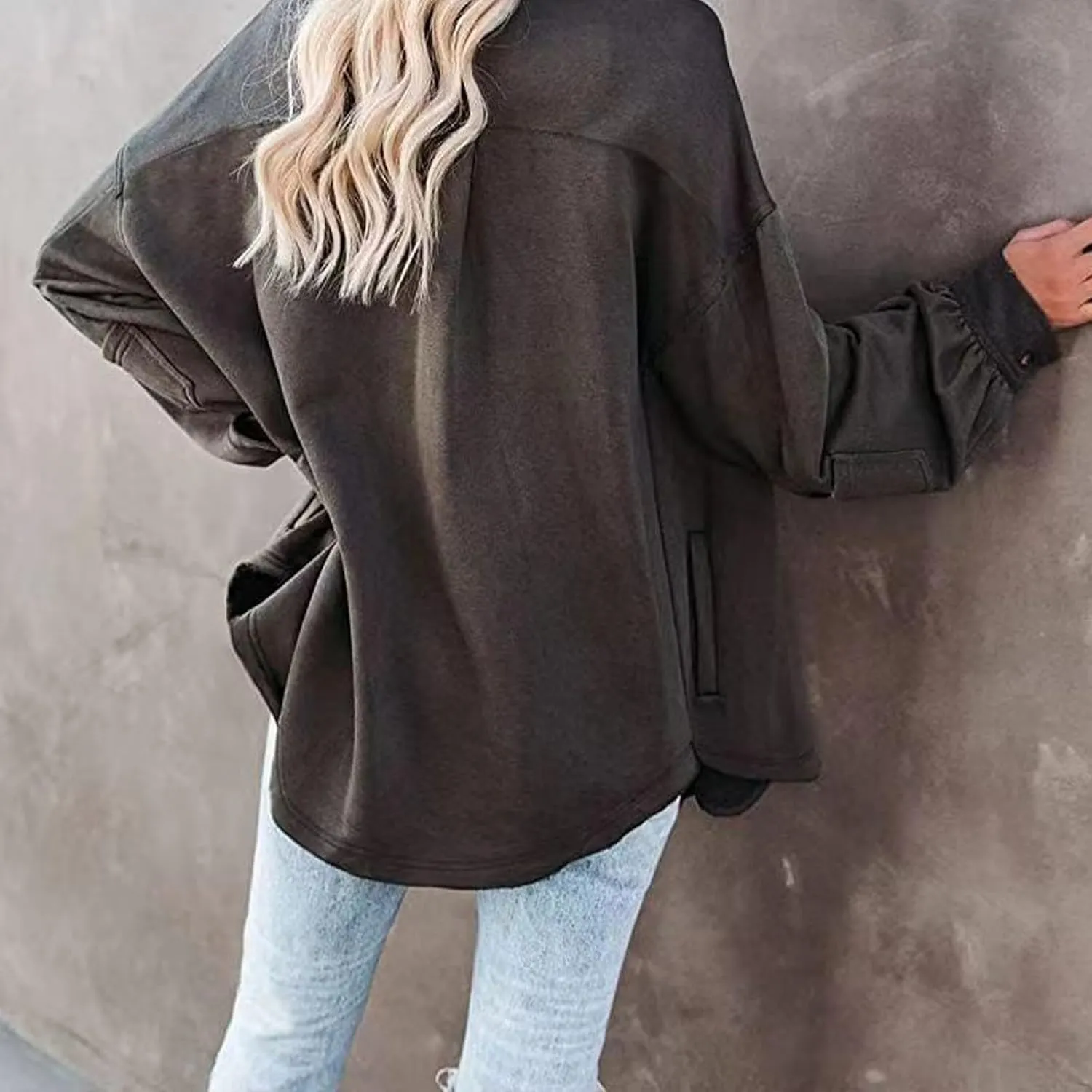 Women's Shacket Jacket Oversized Long Sleeve Trench Drop Shoulder Jacket Outerwear Casual Lightweight Trendy Coat