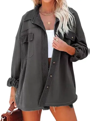 Women's Shacket Jacket Oversized Long Sleeve Trench Drop Shoulder Jacket Outerwear Casual Lightweight Trendy Coat