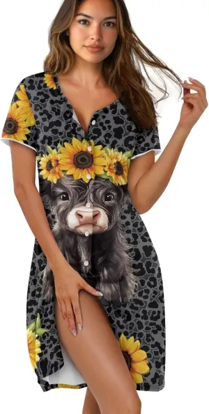 Women's Short Sleeve Sleep Shirt Button Front Nightgowns Housewear Trendy Sleep Gown Breathable Lounging Dress
