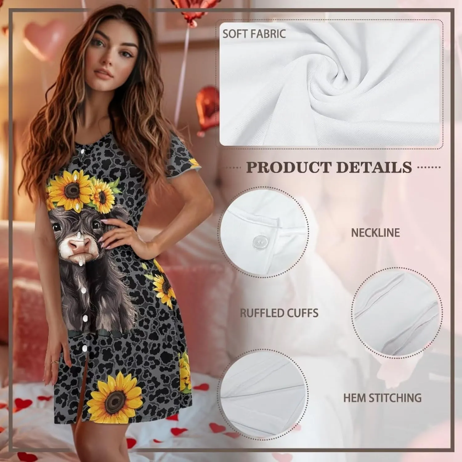 Women's Short Sleeve Sleep Shirt Button Front Nightgowns Housewear Trendy Sleep Gown Breathable Lounging Dress