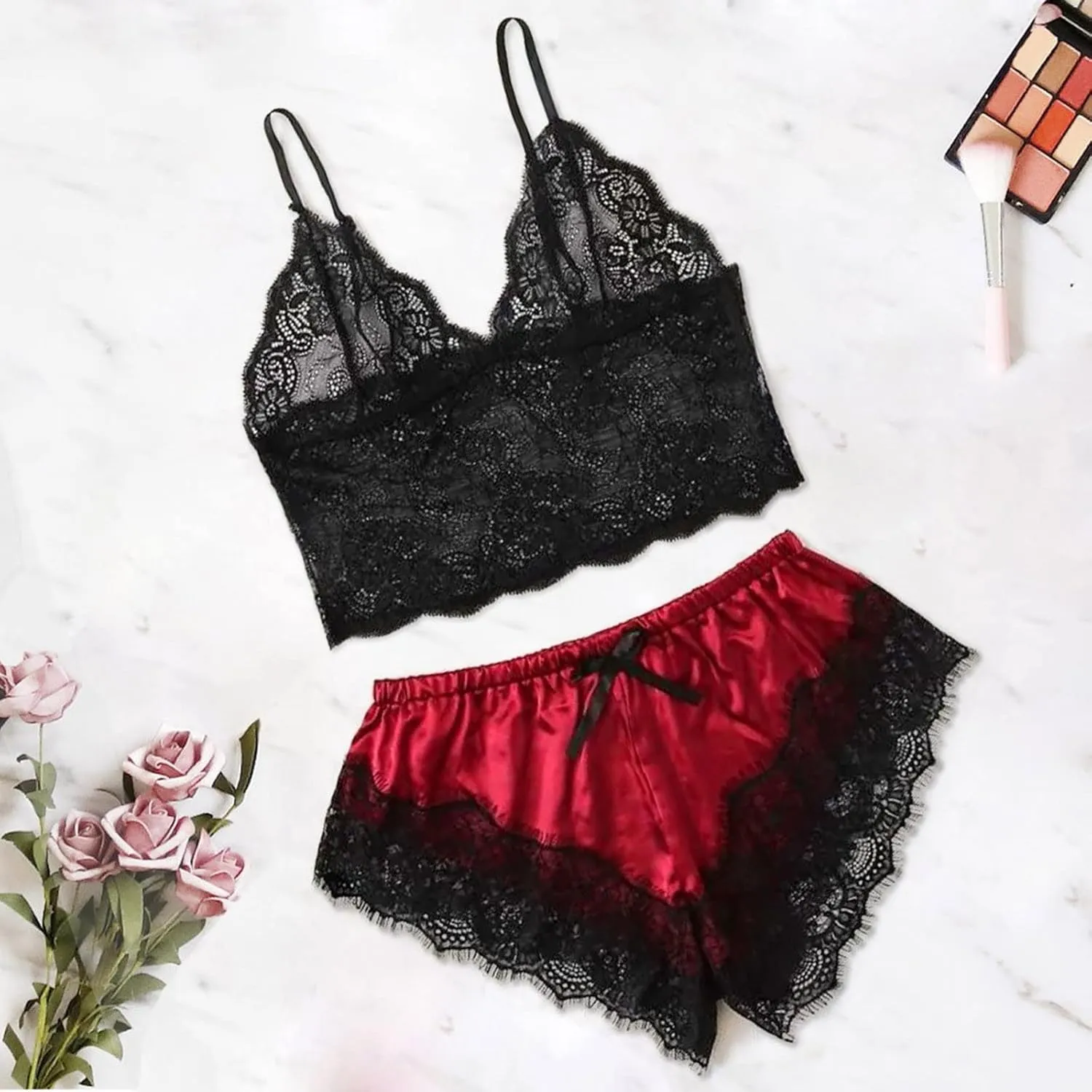 Womens Silky Pajama Sets 2 Piece Outfits Summer Sexy Lace Trim Cami Tops Shorts Soft Cute Camisole Lingerie Sleepwear