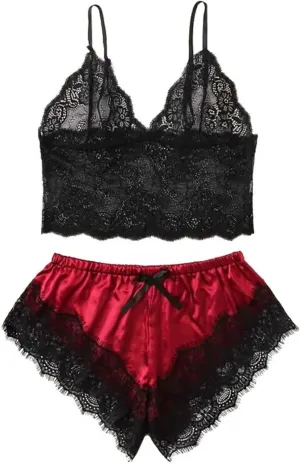 Womens Silky Pajama Sets 2 Piece Outfits Summer Sexy Lace Trim Cami Tops Shorts Soft Cute Camisole Lingerie Sleepwear