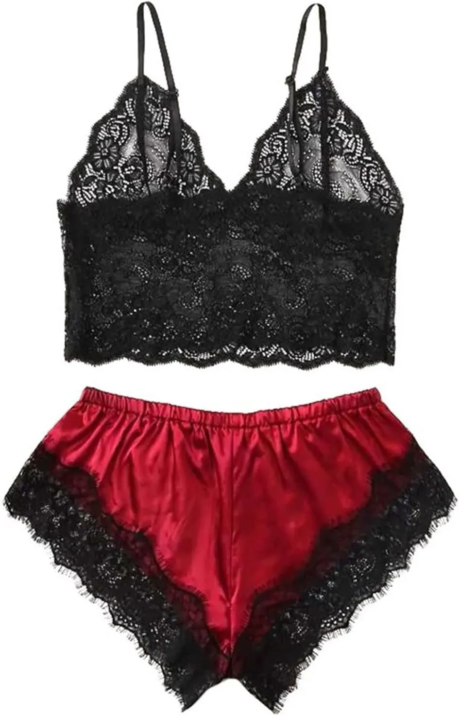 Womens Silky Pajama Sets 2 Piece Outfits Summer Sexy Lace Trim Cami Tops Shorts Soft Cute Camisole Lingerie Sleepwear