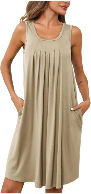 Women's Sleeveless Nightgowns with Pockets Flowy Pleated Front Sleepwear Nightdress Comfy Loose Round Neck Sleep Shirts