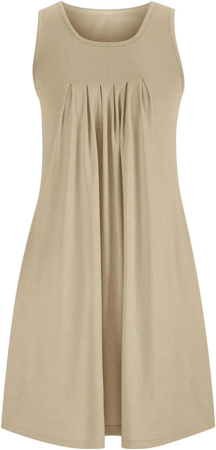 Women's Sleeveless Nightgowns with Pockets Flowy Pleated Front Sleepwear Nightdress Comfy Loose Round Neck Sleep Shirts