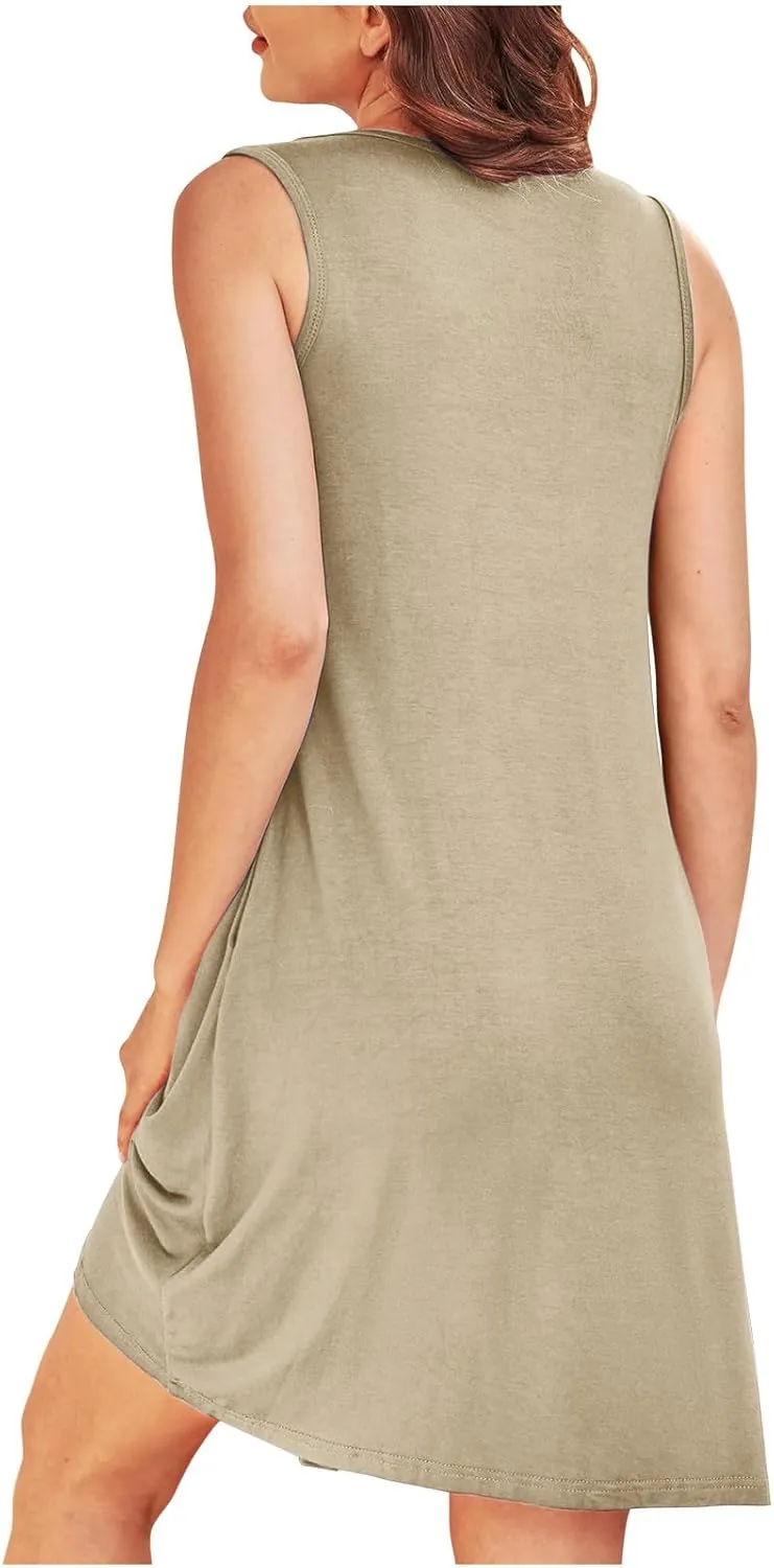 Women's Sleeveless Nightgowns with Pockets Flowy Pleated Front Sleepwear Nightdress Comfy Loose Round Neck Sleep Shirts