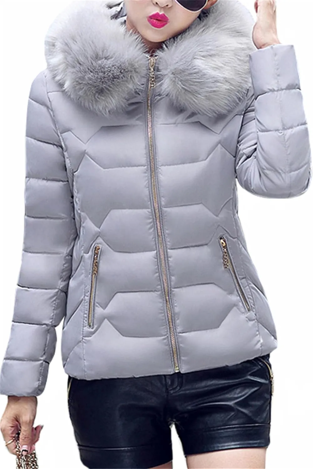 Women's Slim Fit Thermal Jacket Hooded Quilted Coat Winter Long Sleeve Full Zip Puffer Jacket