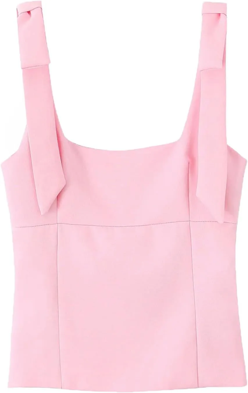 Women's Solid Color Bow Square Neck Camisole Tops Summer Sleeveless Street Side Zipper Slim Fit Tops