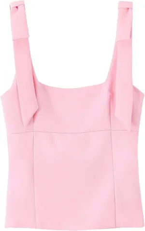 Women's Solid Color Bow Square Neck Camisole Tops Summer Sleeveless Street Side Zipper Slim Fit Tops