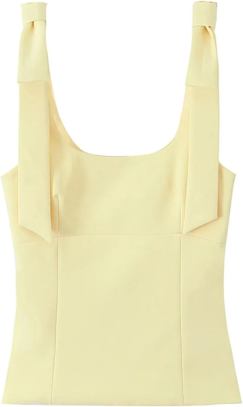Women's Solid Color Bow Square Neck Camisole Tops Summer Sleeveless Street Side Zipper Slim Fit Tops