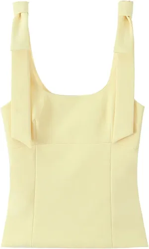 Women's Solid Color Bow Square Neck Camisole Tops Summer Sleeveless Street Side Zipper Slim Fit Tops