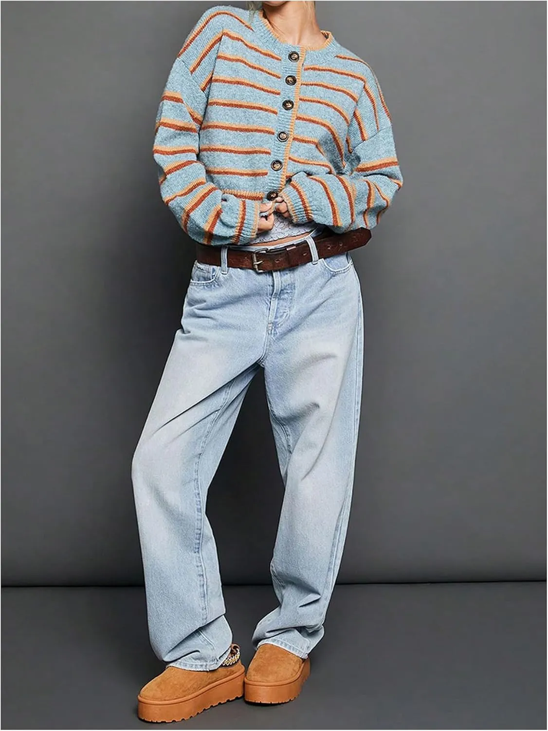 Women's Striped Button Down Crop Cardigans Long Sleeve Crew Neck Knitted Cardigan Sweaters
