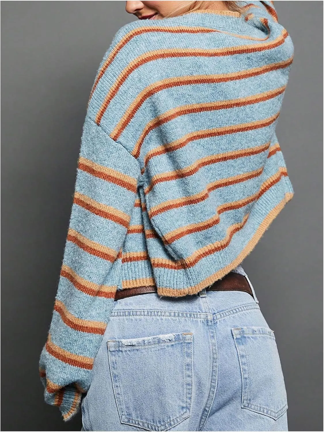 Women's Striped Button Down Crop Cardigans Long Sleeve Crew Neck Knitted Cardigan Sweaters