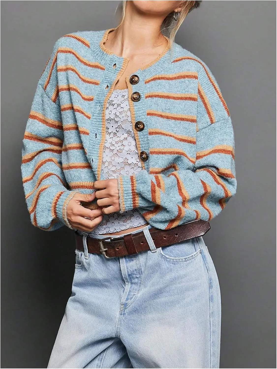 Women's Striped Button Down Crop Cardigans Long Sleeve Crew Neck Knitted Cardigan Sweaters