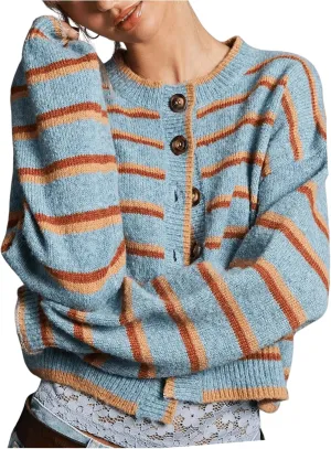 Women's Striped Button Down Crop Cardigans Long Sleeve Crew Neck Knitted Cardigan Sweaters