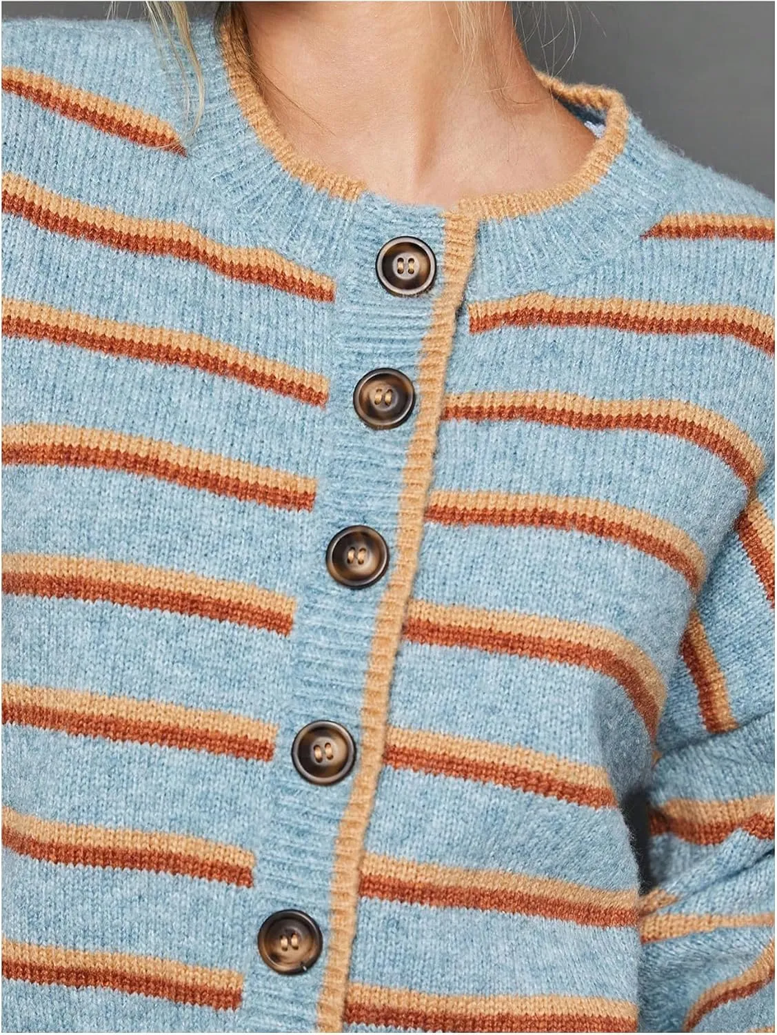 Women's Striped Button Down Crop Cardigans Long Sleeve Crew Neck Knitted Cardigan Sweaters