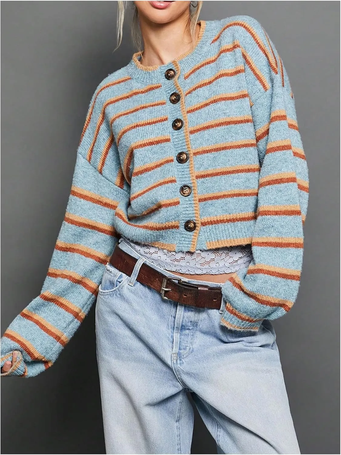 Women's Striped Button Down Crop Cardigans Long Sleeve Crew Neck Knitted Cardigan Sweaters