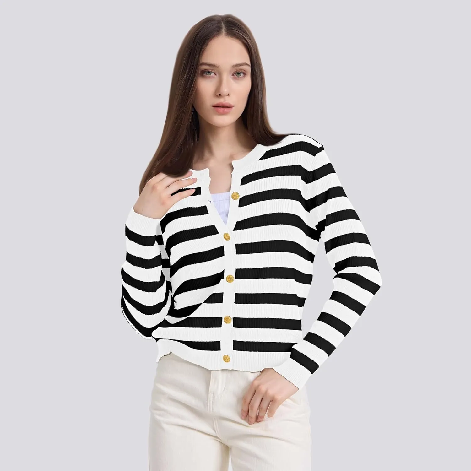 Women's Striped Cardigan Sweaters Lady Jackets Button Down Cropped Knit Coat Oufits Trendy Outerwear