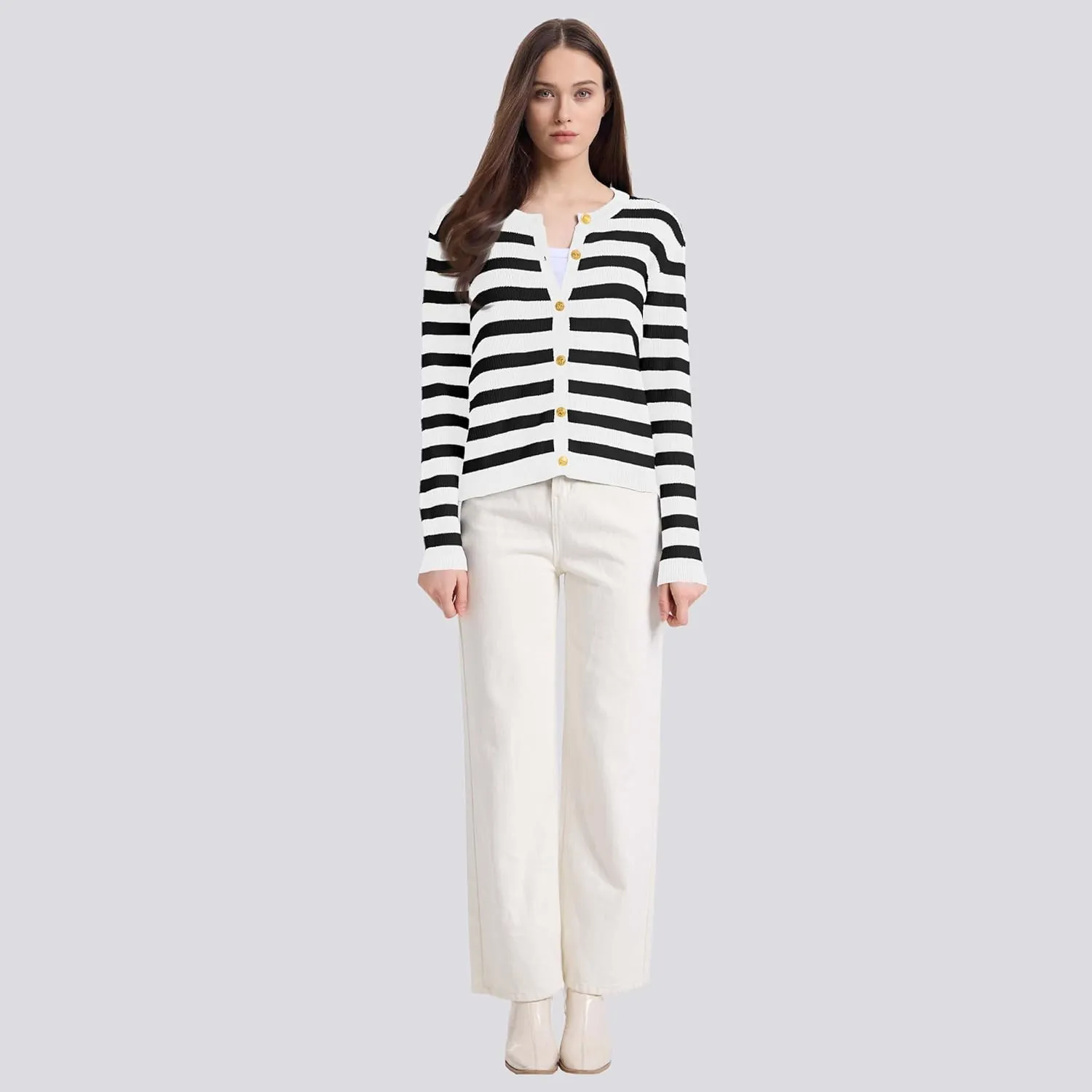 Women's Striped Cardigan Sweaters Lady Jackets Button Down Cropped Knit Coat Oufits Trendy Outerwear