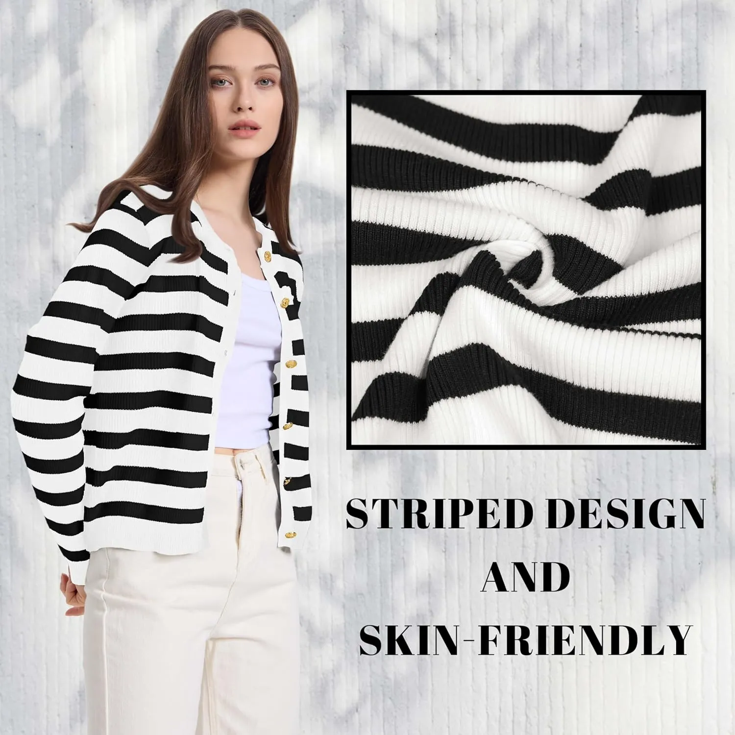 Women's Striped Cardigan Sweaters Lady Jackets Button Down Cropped Knit Coat Oufits Trendy Outerwear