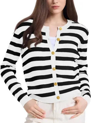 Women's Striped Cardigan Sweaters Lady Jackets Button Down Cropped Knit Coat Oufits Trendy Outerwear