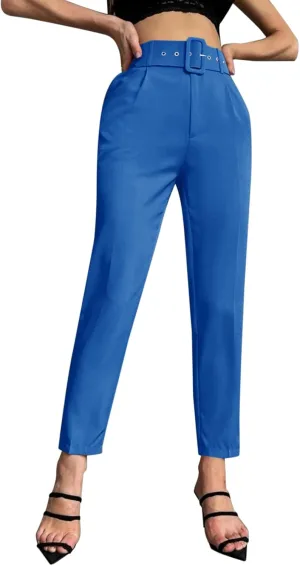 Womens Stylish Y2K High Waist Belt Trousers Casual Lightweight Cotton Linen Cropped Pant with Pockets for Spring Fall