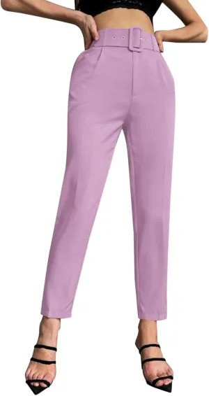 Womens Stylish Y2K High Waist Belt Trousers Casual Lightweight Cotton Linen Cropped Pant with Pockets for Spring Fall