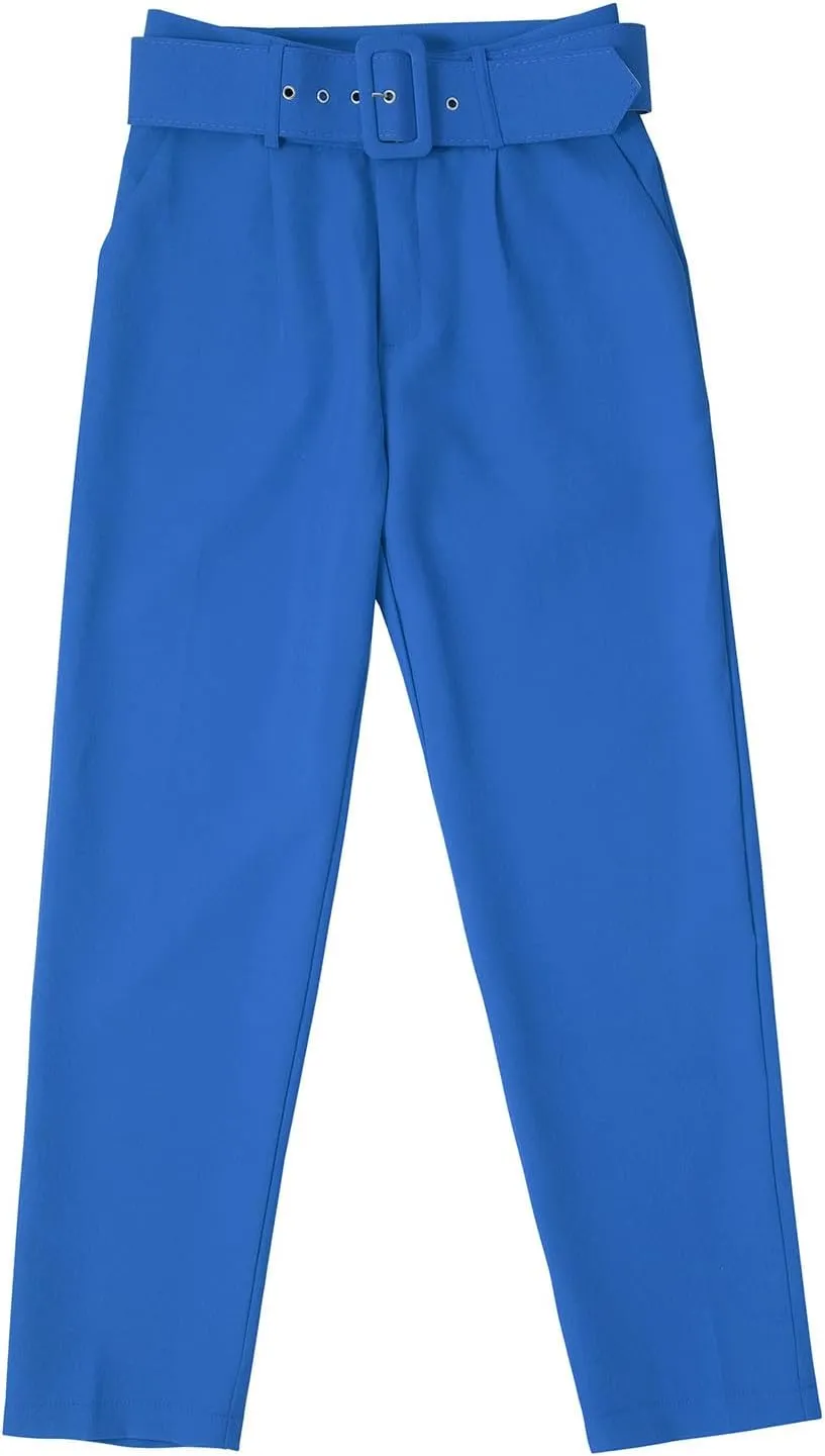 Womens Stylish Y2K High Waist Belt Trousers Casual Lightweight Cotton Linen Cropped Pant with Pockets for Spring Fall