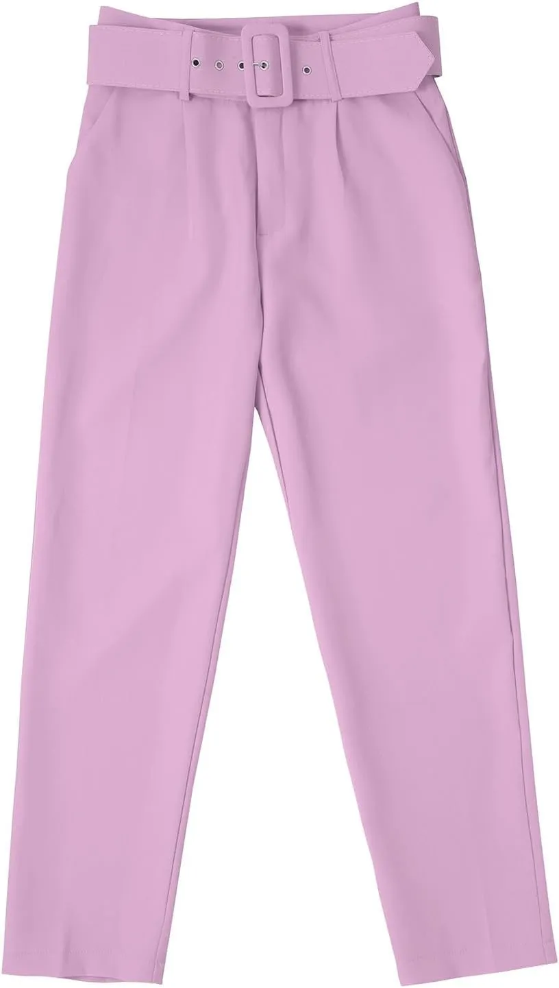 Womens Stylish Y2K High Waist Belt Trousers Casual Lightweight Cotton Linen Cropped Pant with Pockets for Spring Fall