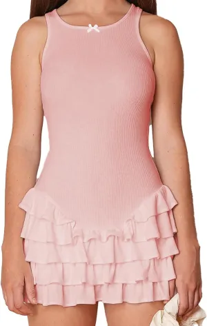 Women's Summer Frill Rank Dress Sleeveless Bodycon Tiered Ruched Dress Skim Hem Dress