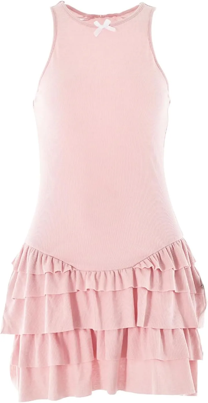 Women's Summer Frill Rank Dress Sleeveless Bodycon Tiered Ruched Dress Skim Hem Dress