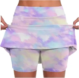 Women's Tennis Golf Mini Skirts with Pockets Casual High Waisted Elastic Tie Dye Skorts Summer Workout Skirt Inner Shorts