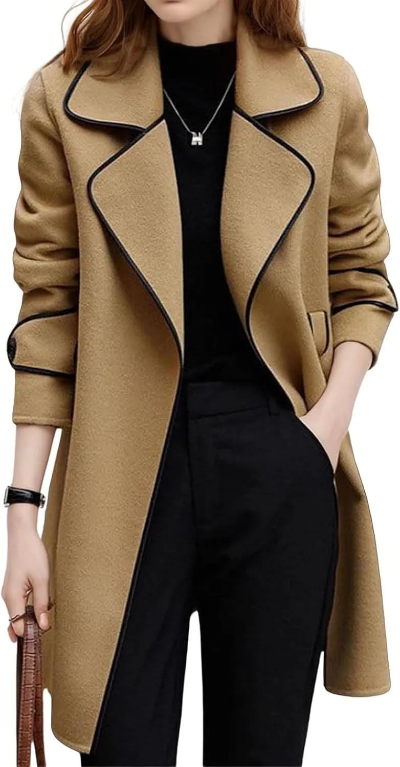 Women's Trench Coat Casual Notch Lapel with Belt Pea Coat Reversible Woolen Coat Fashion Elegant Winter Jacket
