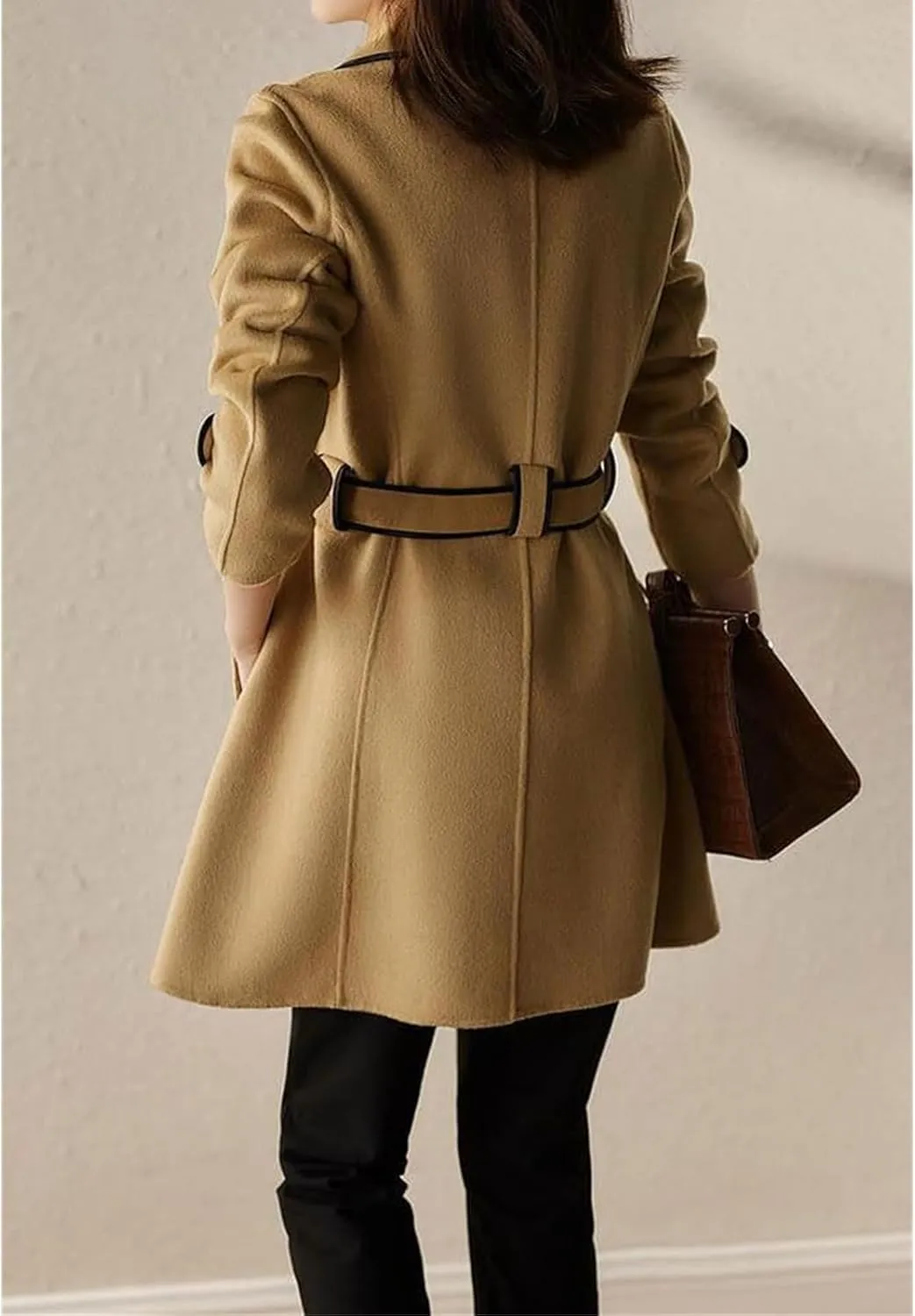 Women's Trench Coat Casual Notch Lapel with Belt Pea Coat Reversible Woolen Coat Fashion Elegant Winter Jacket