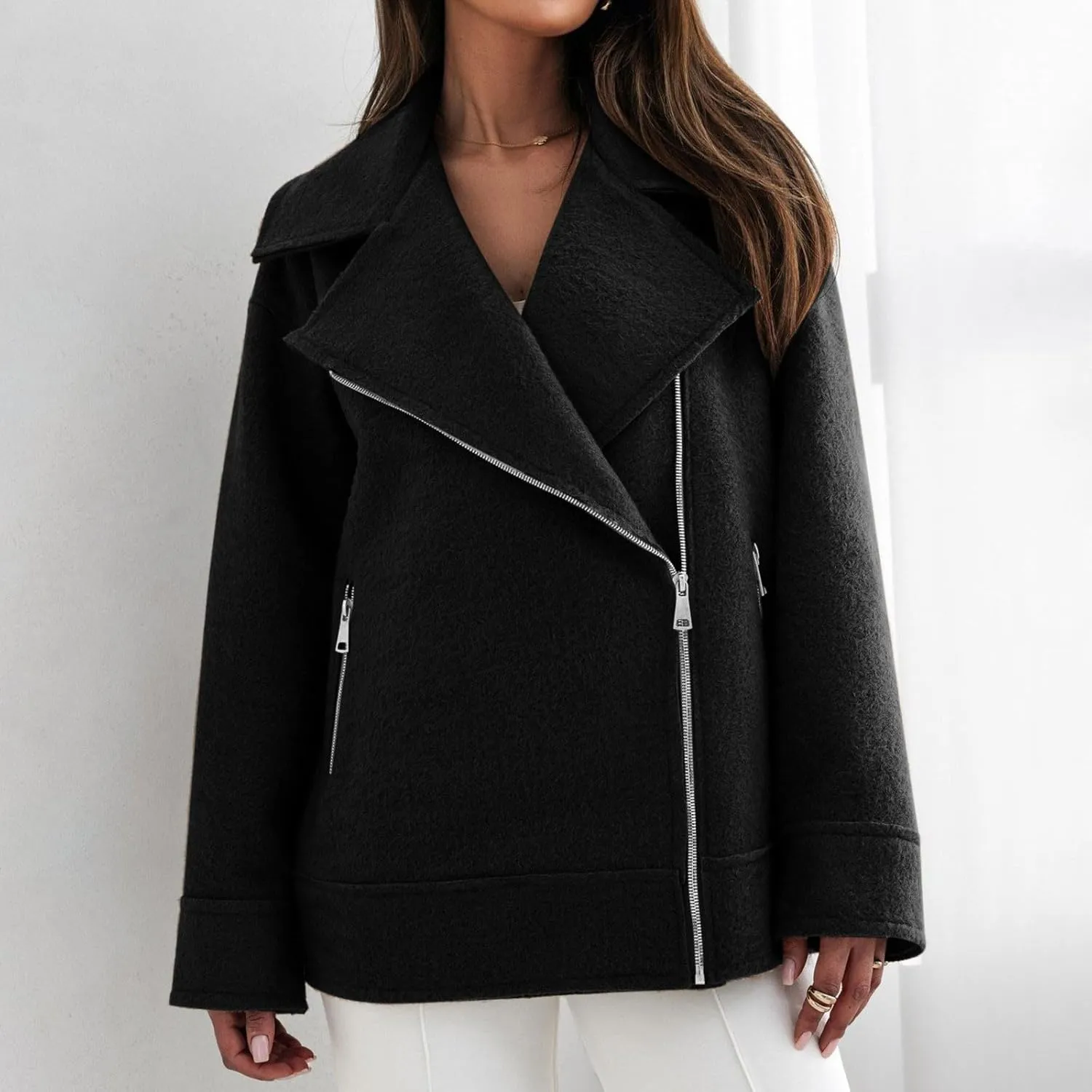 Women's Trench Coats Short Pea Coat Wool Blend Zip up Jacket Notch Lapel Jacket Loose Fit Casual Jacket Winter Coat