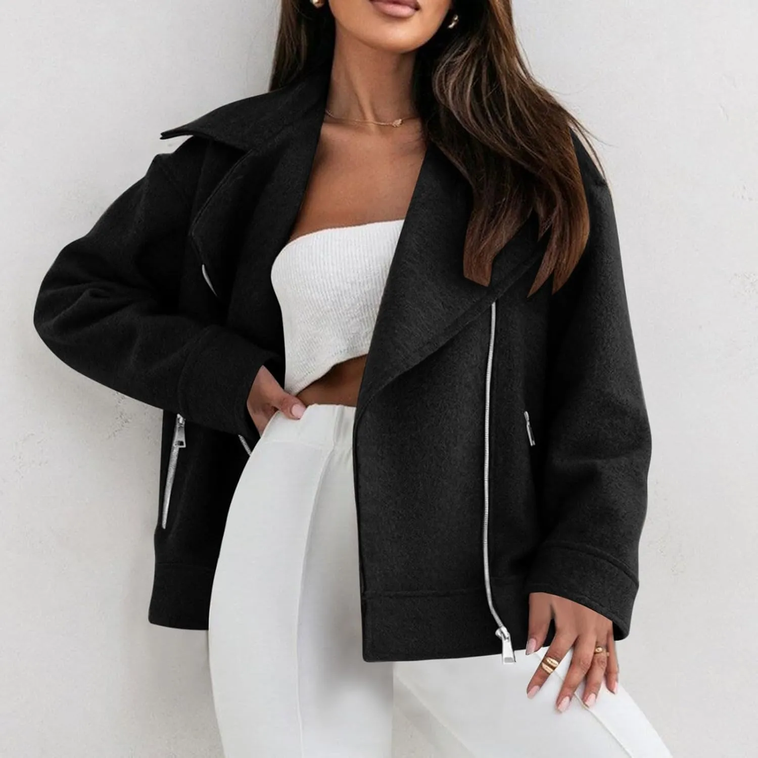 Women's Trench Coats Short Pea Coat Wool Blend Zip up Jacket Notch Lapel Jacket Loose Fit Casual Jacket Winter Coat
