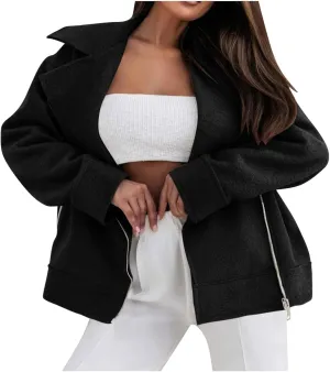Women's Trench Coats Short Pea Coat Wool Blend Zip up Jacket Notch Lapel Jacket Loose Fit Casual Jacket Winter Coat