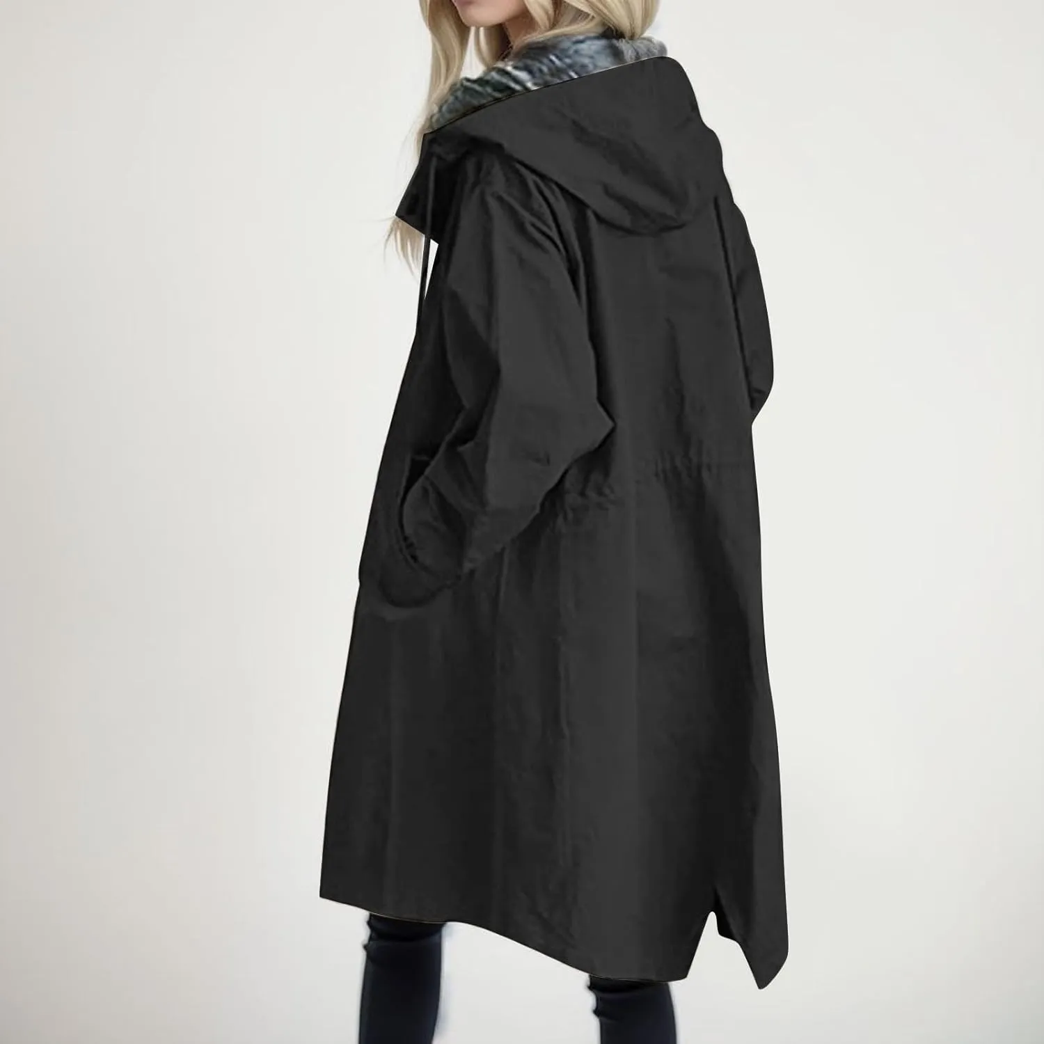 Women's Trench Jackets Loose Hooded Trench Coat Outwear Plus Size Casual Lightweight Outdoor Windbreaker Fall Winter