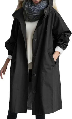Women's Trench Jackets Loose Hooded Trench Coat Outwear Plus Size Casual Lightweight Outdoor Windbreaker Fall Winter