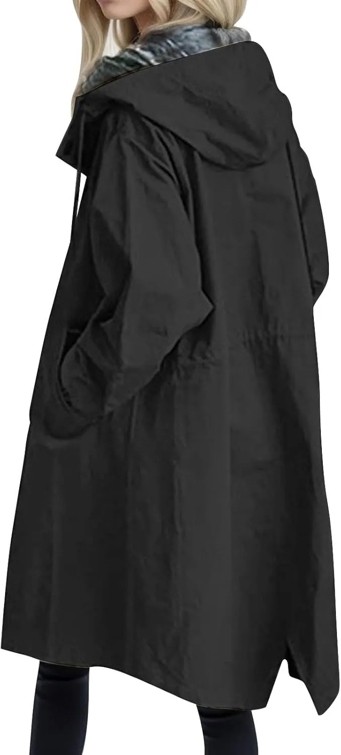 Women's Trench Jackets Loose Hooded Trench Coat Outwear Plus Size Casual Lightweight Outdoor Windbreaker Fall Winter